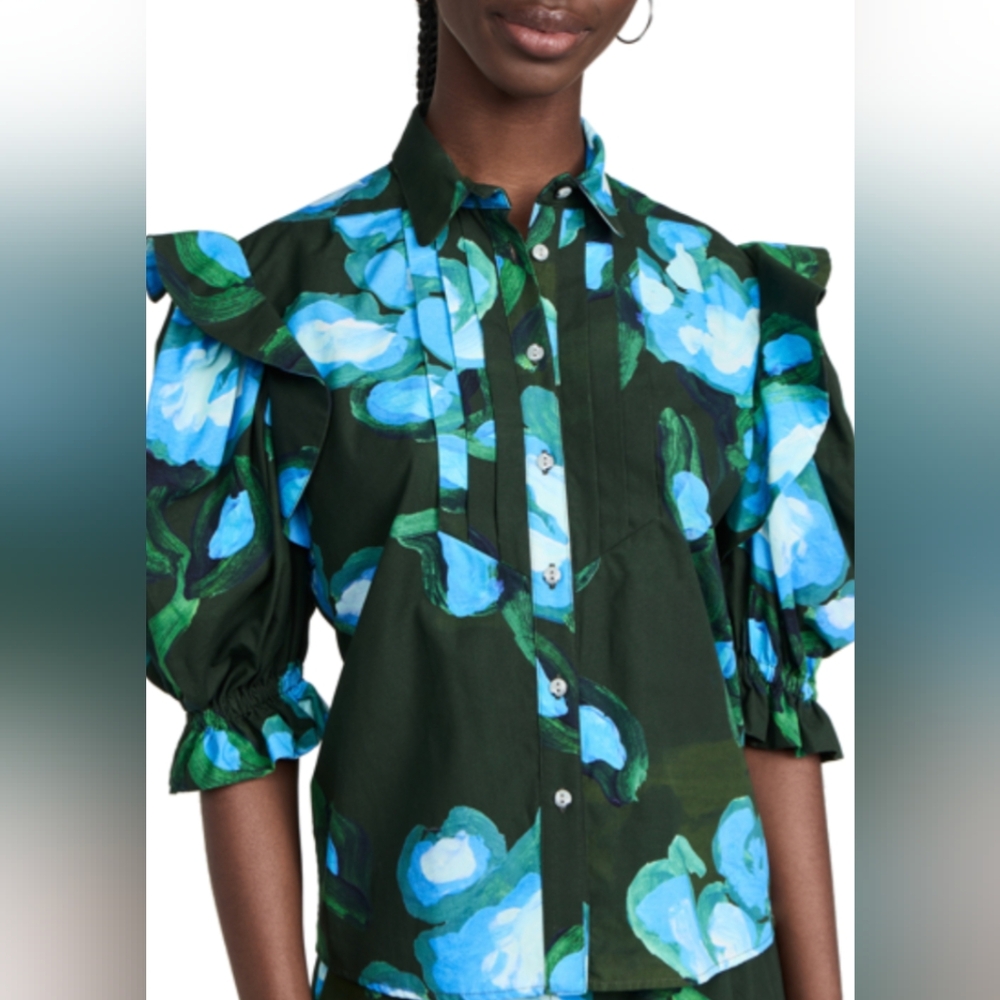 Black and Blue Floral Blouse with Striking Pattern